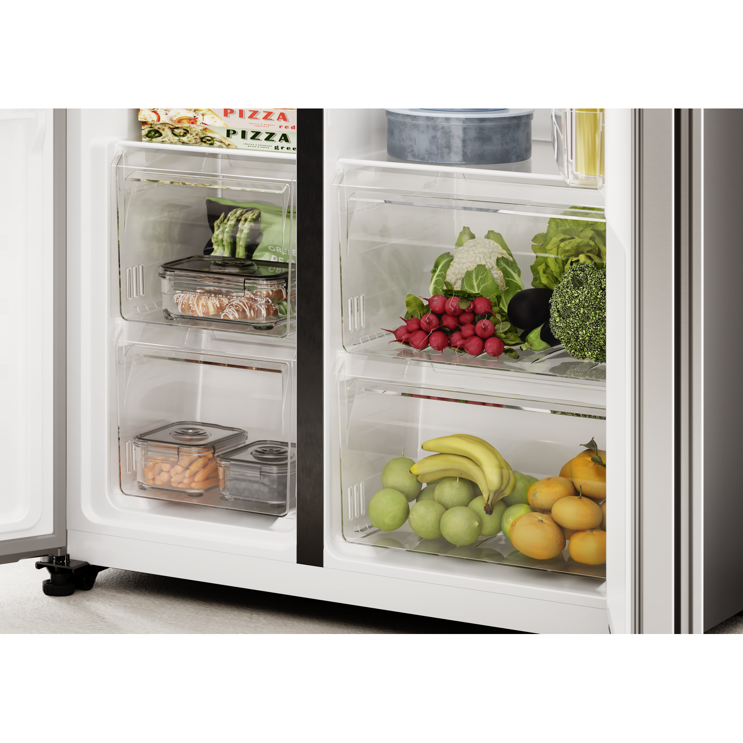 Refrigerator stocked with food: pizza, asparagus, rolls, grapes, oranges, radishes, cauliflower, broccoli.