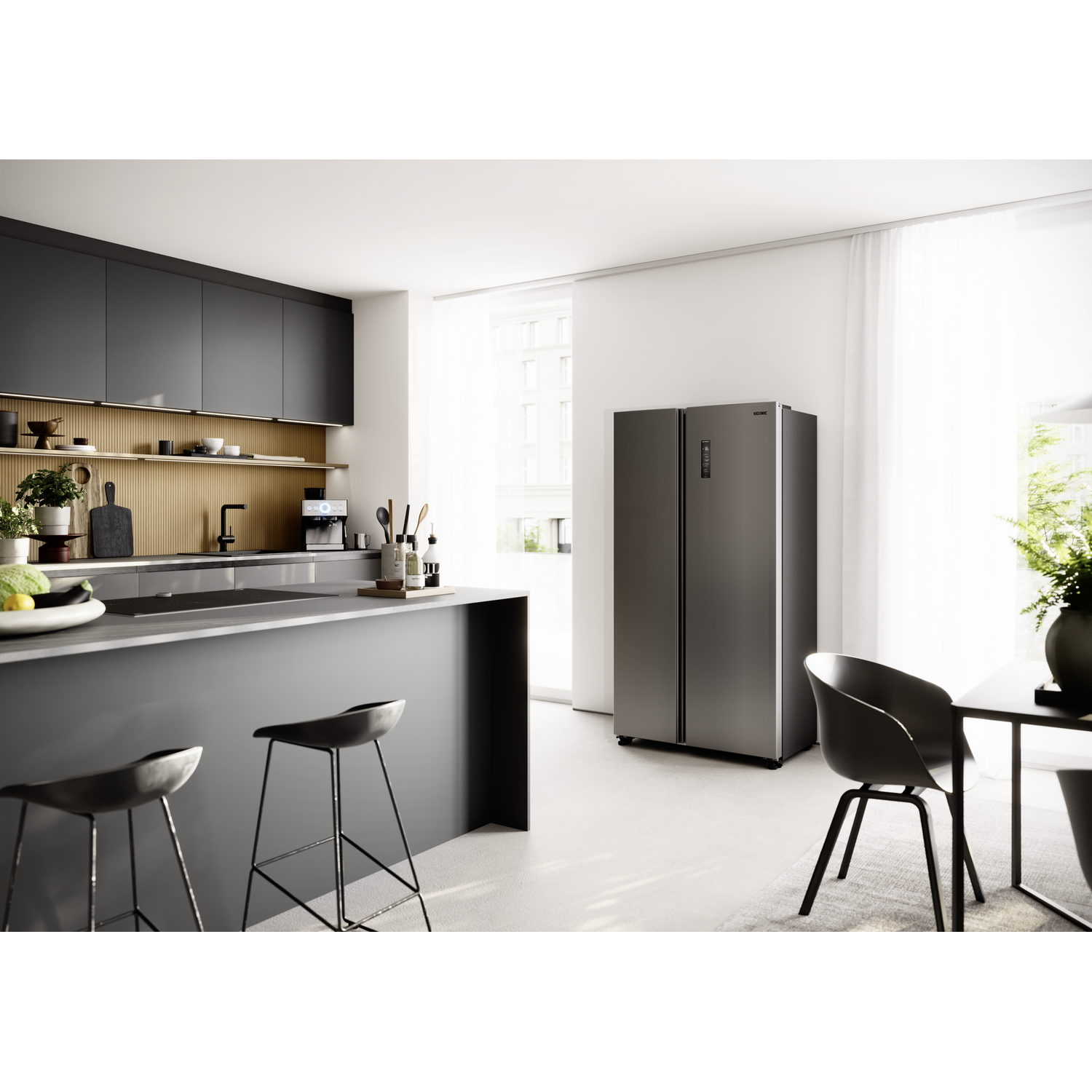 Modern kitchen with gray island, bar stools, double door fridge-freezer, and table.