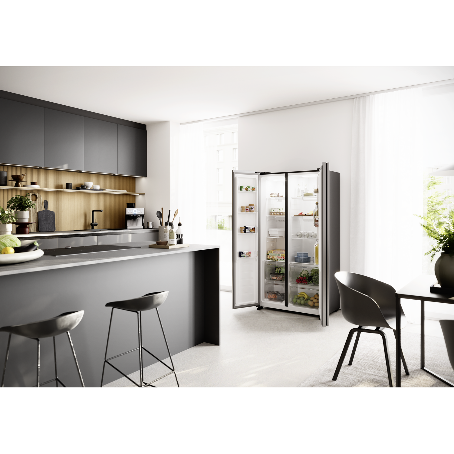 Modern kitchen with open refrigerator, bar, and dining area.