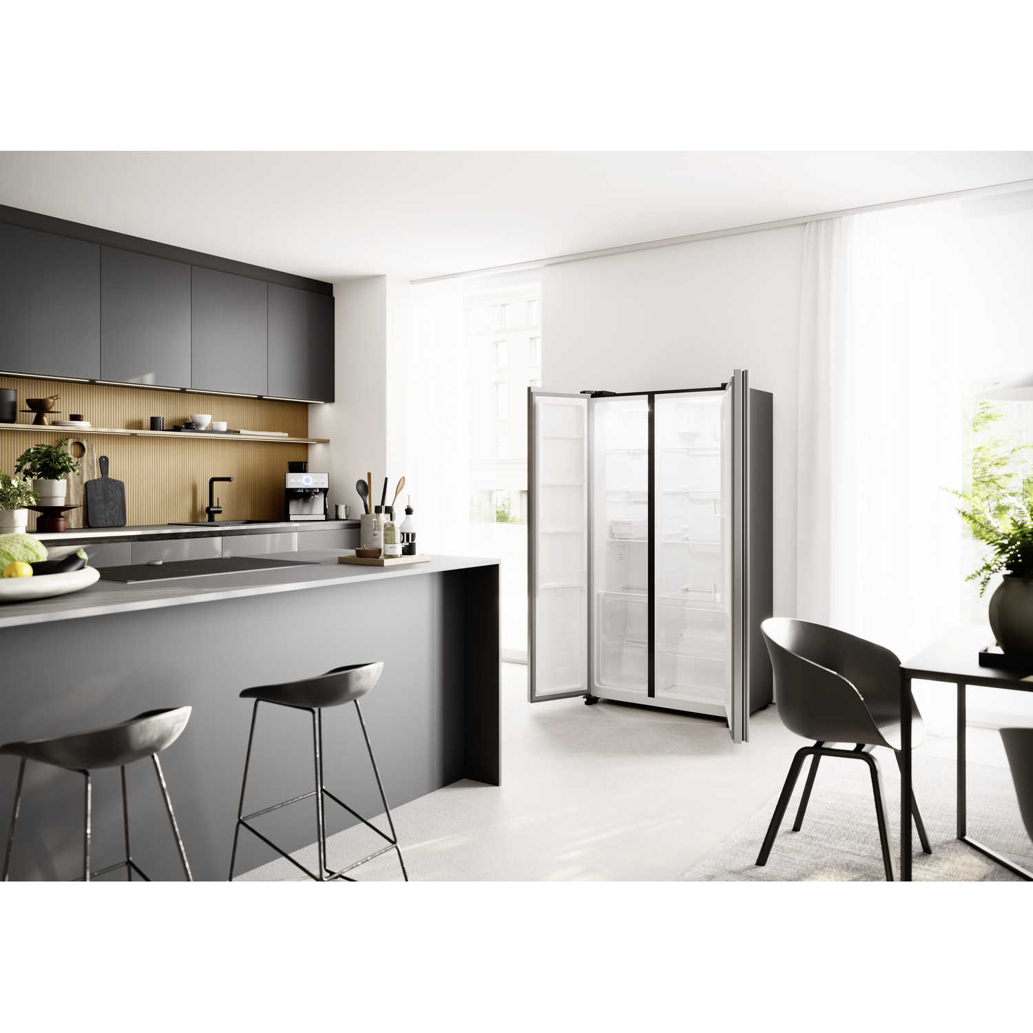 Modern kitchen with open fridge, bar, and dining table.