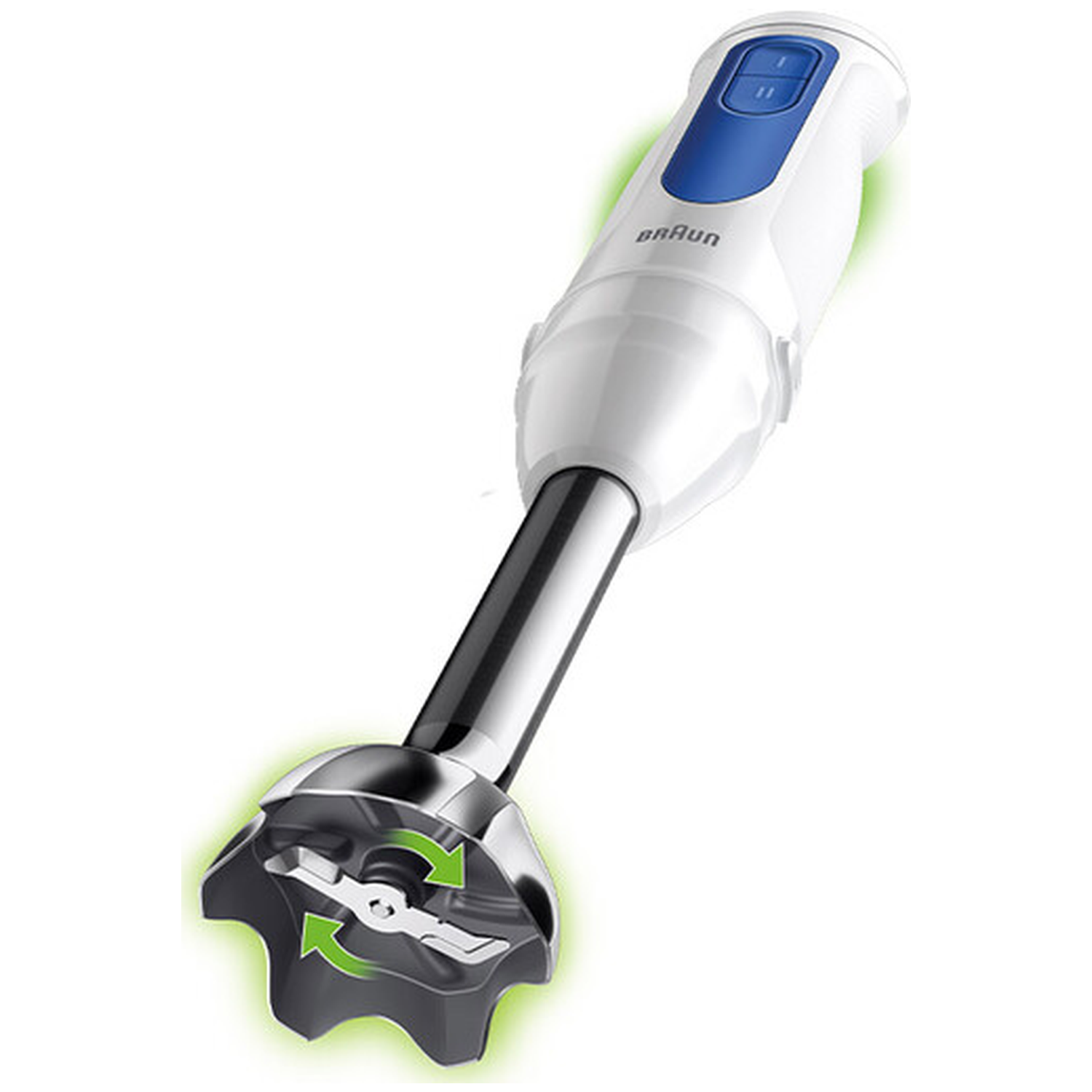 A white hand blender with blue buttons and a silver shaft.