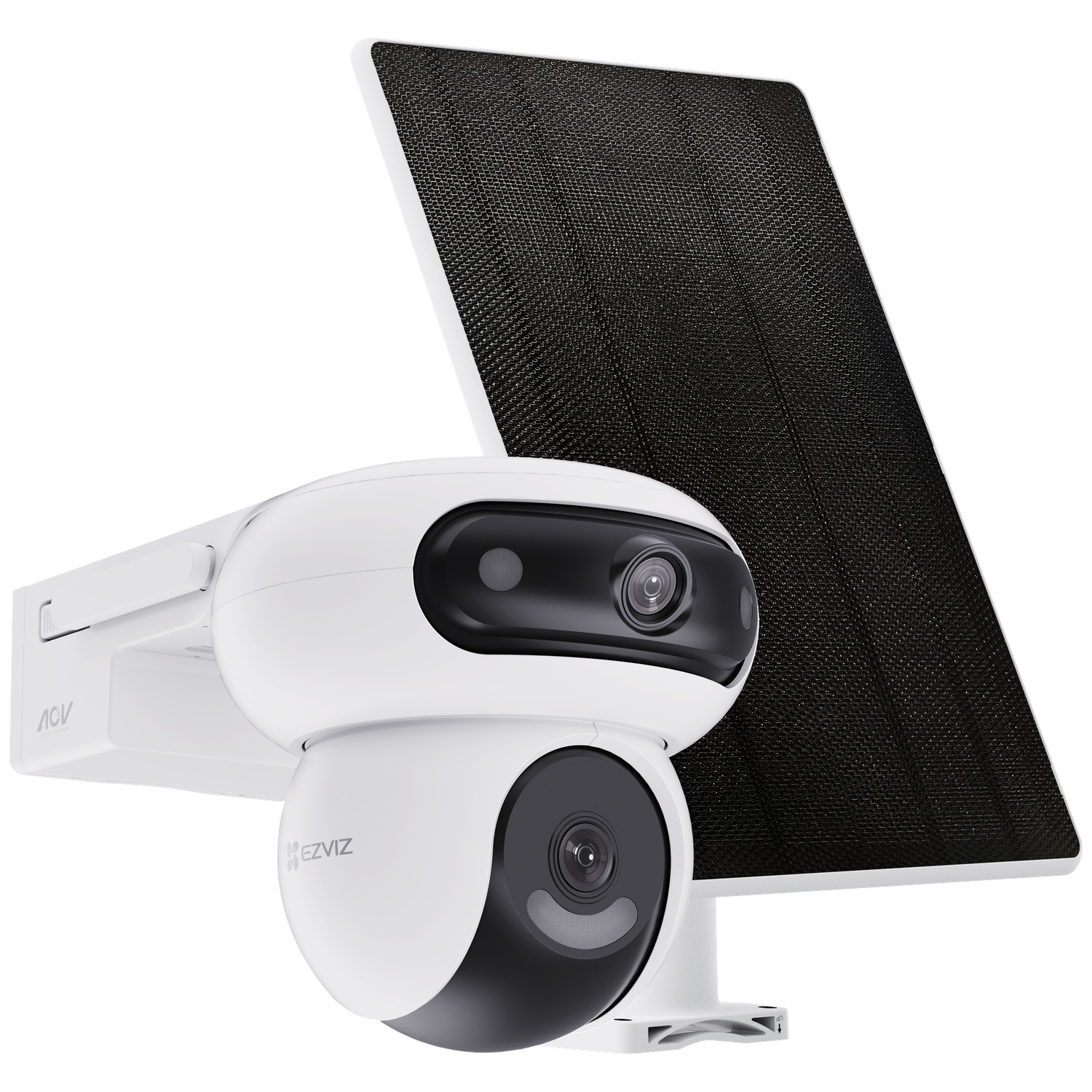 White security camera with solar panel against a white background.