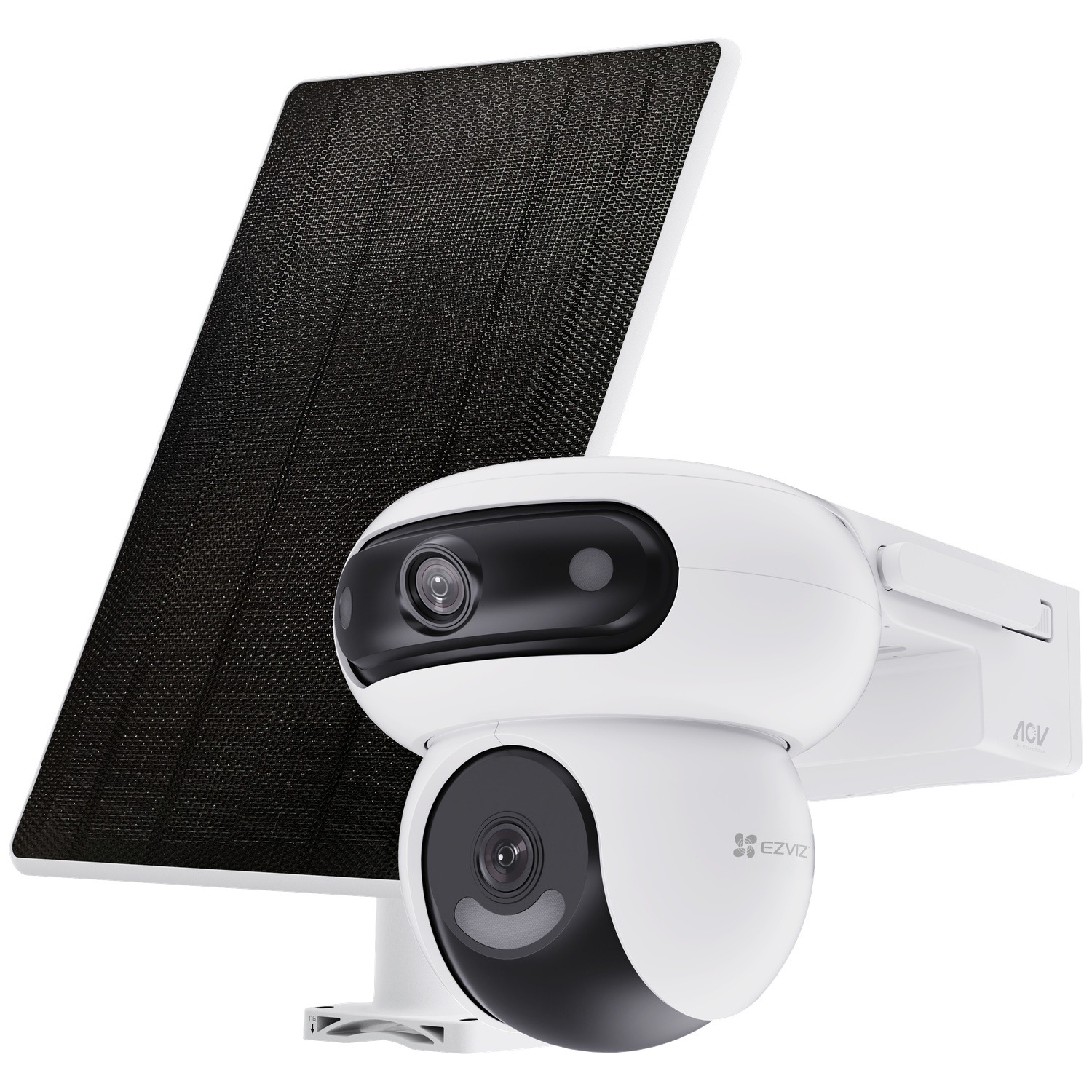 A white security camera with a solar panel, featuring two lenses in front.