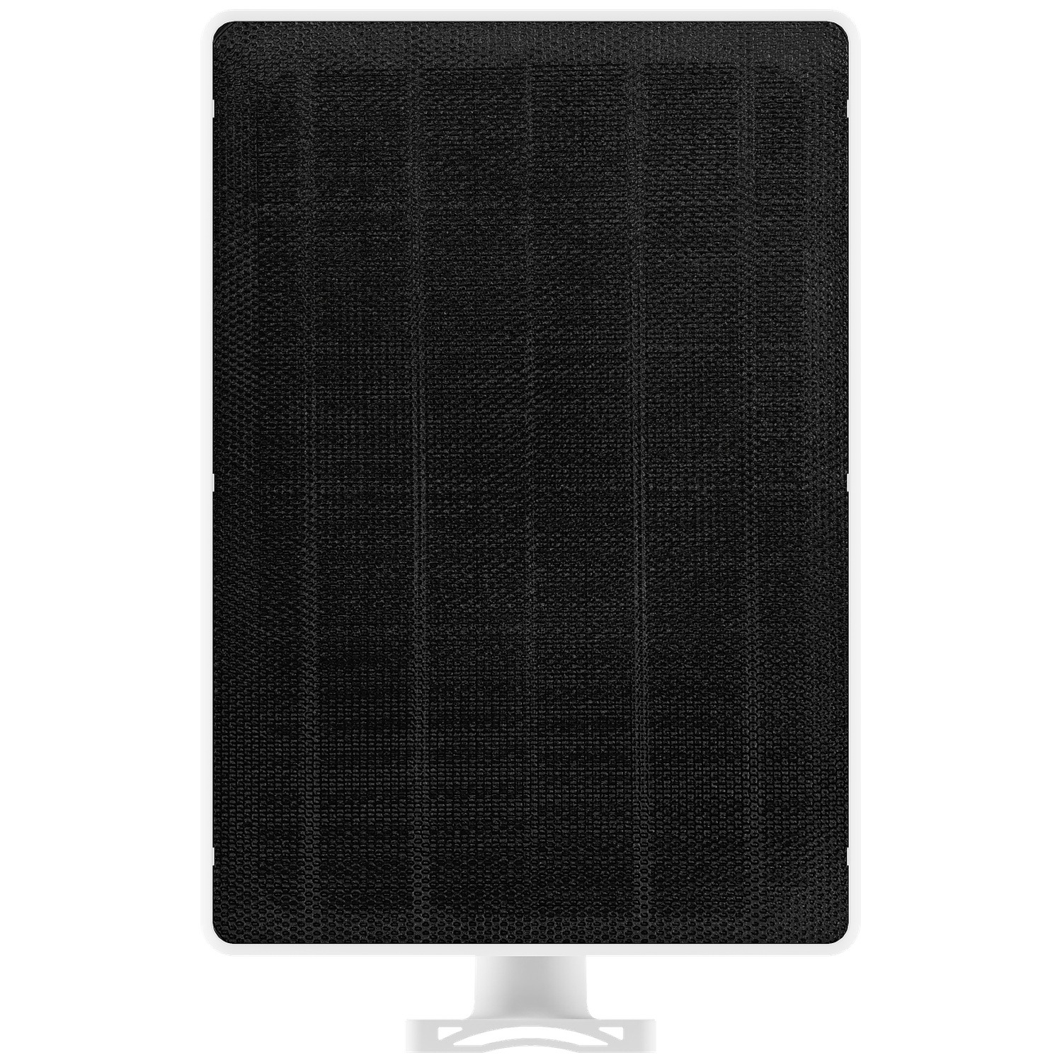 A black solar panel with a white frame on a white stand.