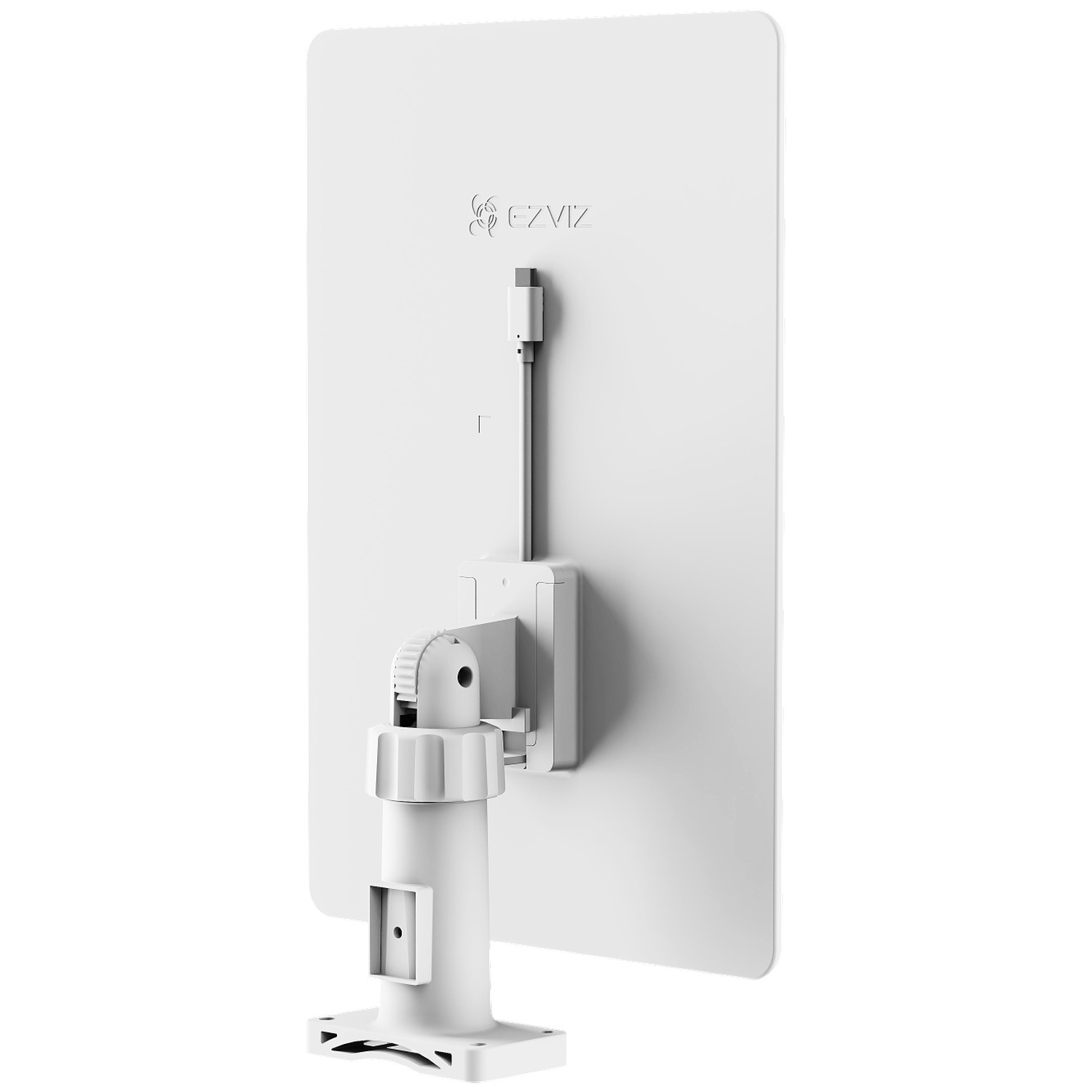 White back of a security camera with stand and USB cable.