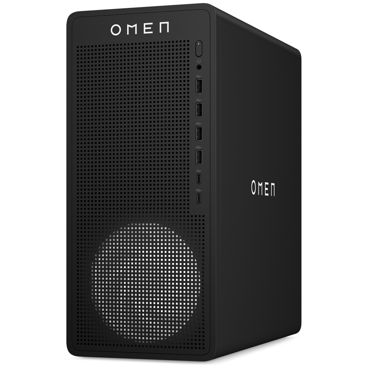 A black OMEN computer tower with a perforated front panel and ports on the side.