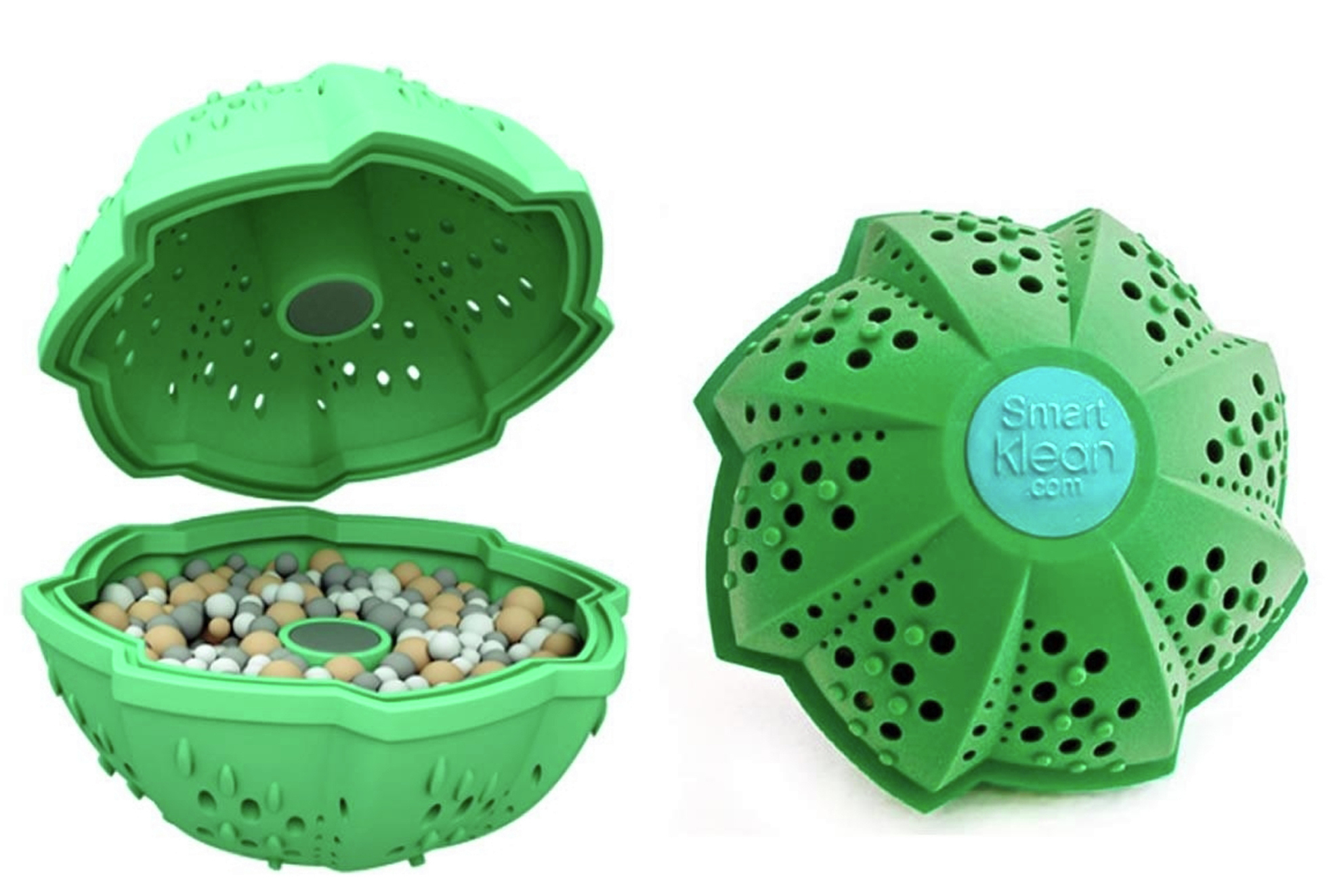 Zielona kula do prania z małymi kulkami w środku, jedna otwarta, jedna zamknięta.