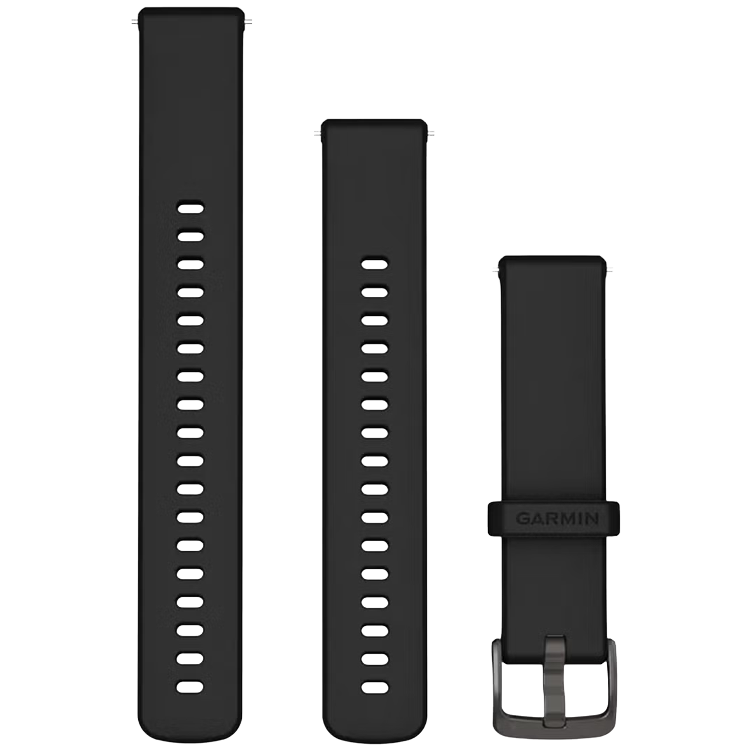 Three black watch bands of different lengths lie side by side.