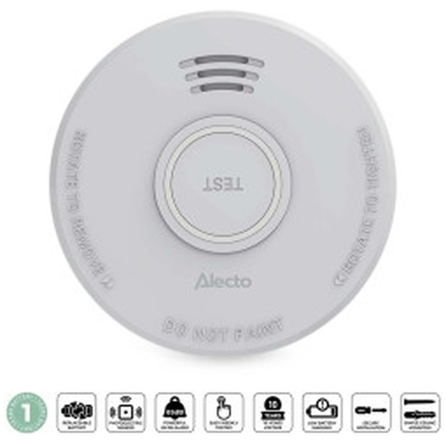 Un détecteur de fumée blanc Alecto avec bouton test et icônes de fonctions en bas.