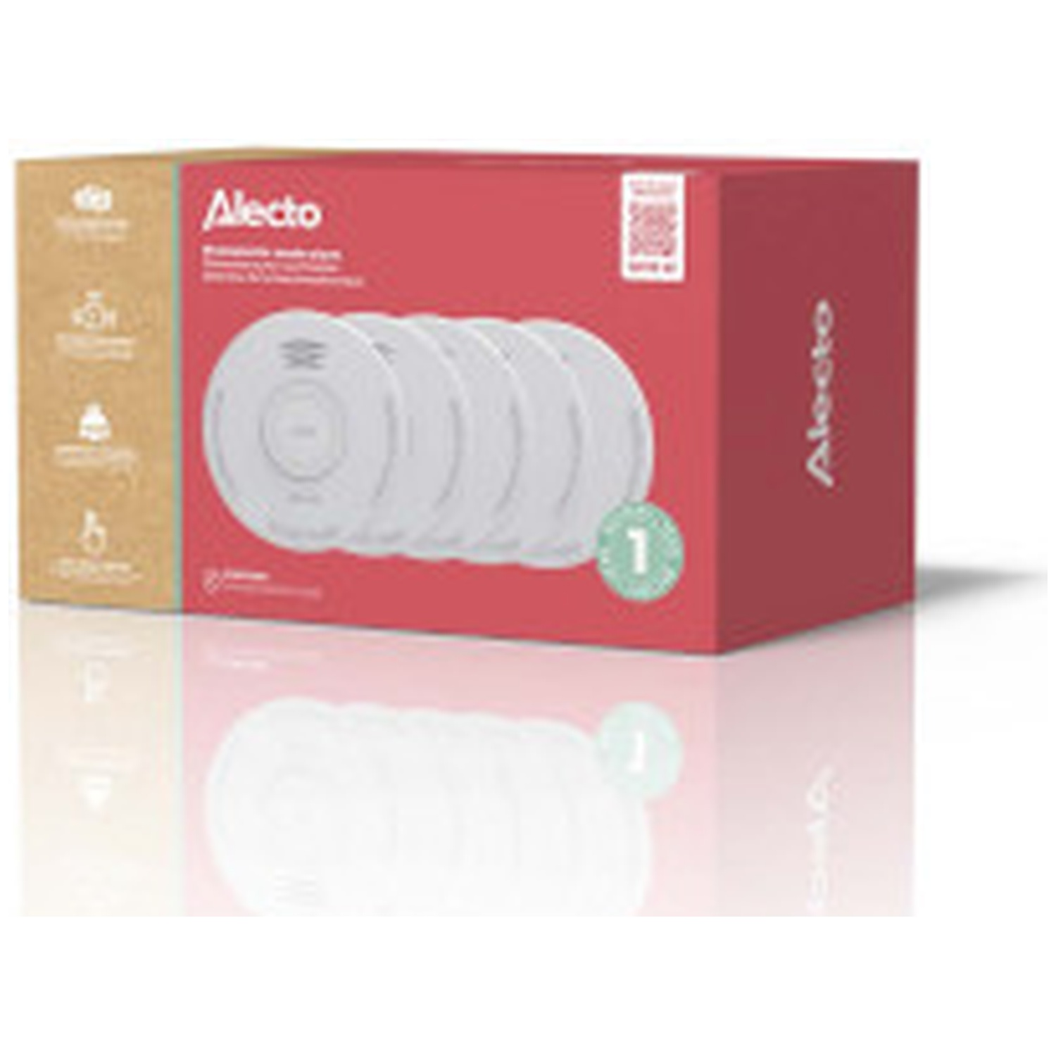 Boîte avec six détecteurs de fumée blancs Alecto, montrés de face et de côté. Reflète en dessous.