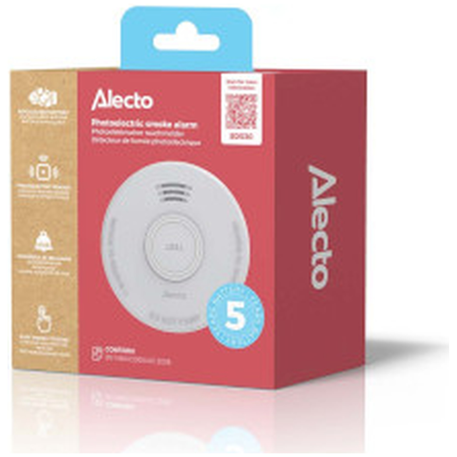Emballage d'avertisseur de fumée Alecto avec avertisseur et symbole 5 ans.