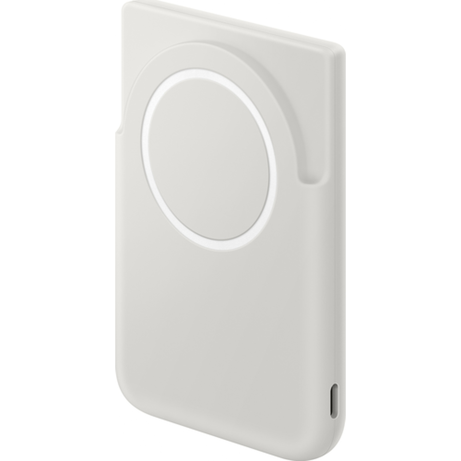 Un chargeur blanc rectangulaire avec une zone circulaire en creux au centre.