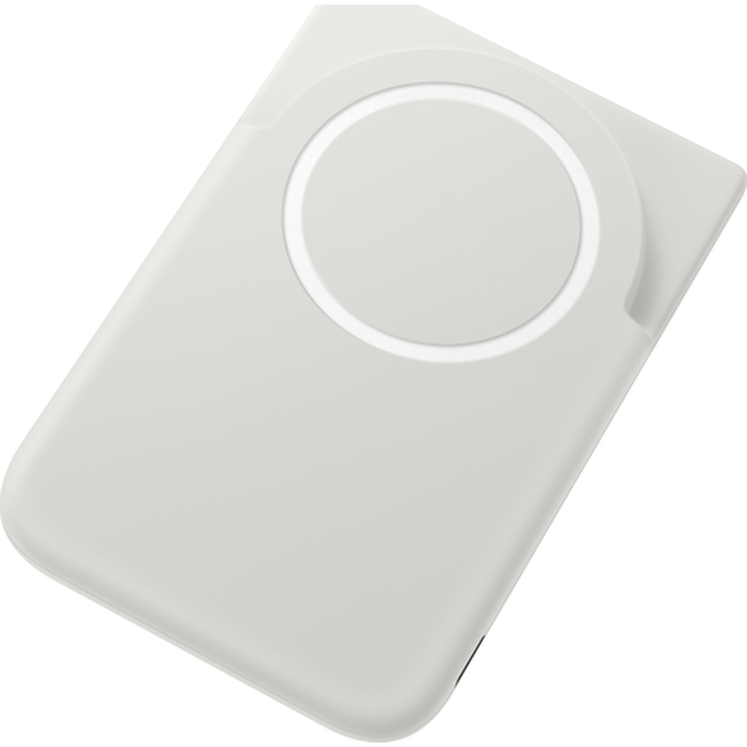 Un chargeur blanc et rectangulaire avec un élément circulaire.