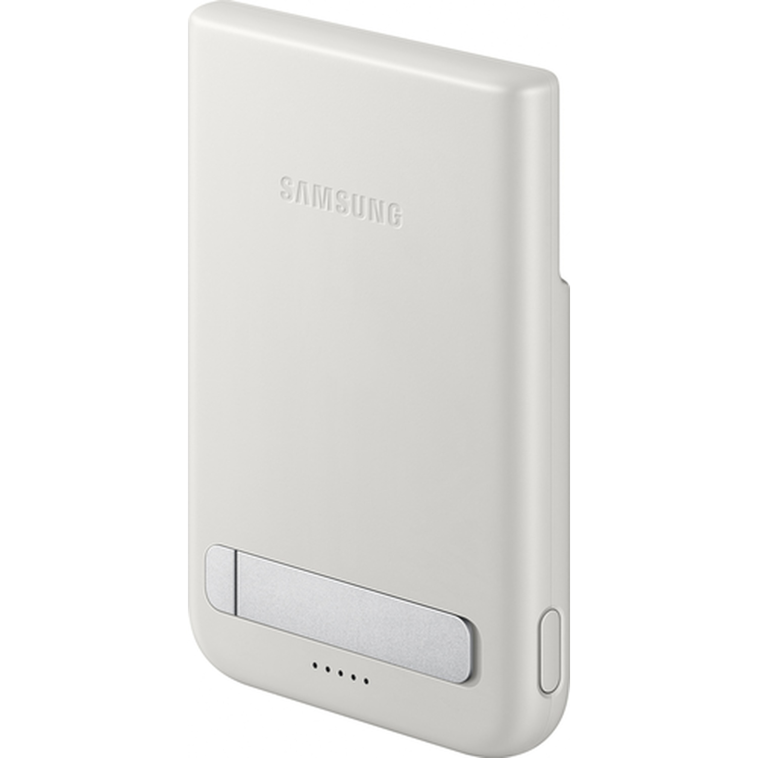 Une banque d'alimentation Samsung blanche avec un support argenté et quatre indicateurs.
