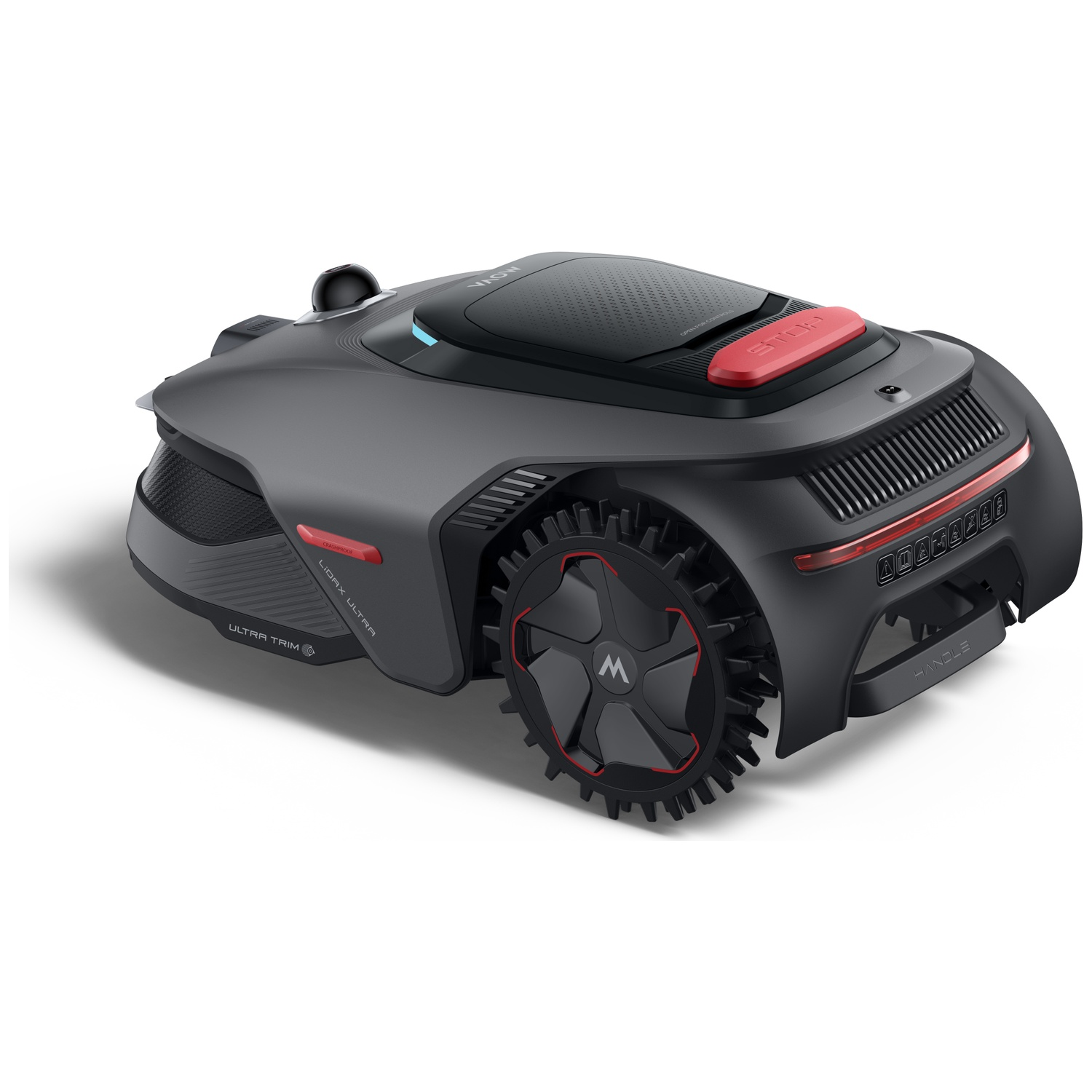 A gray robotic lawn mower with a black wheel and red stop button.