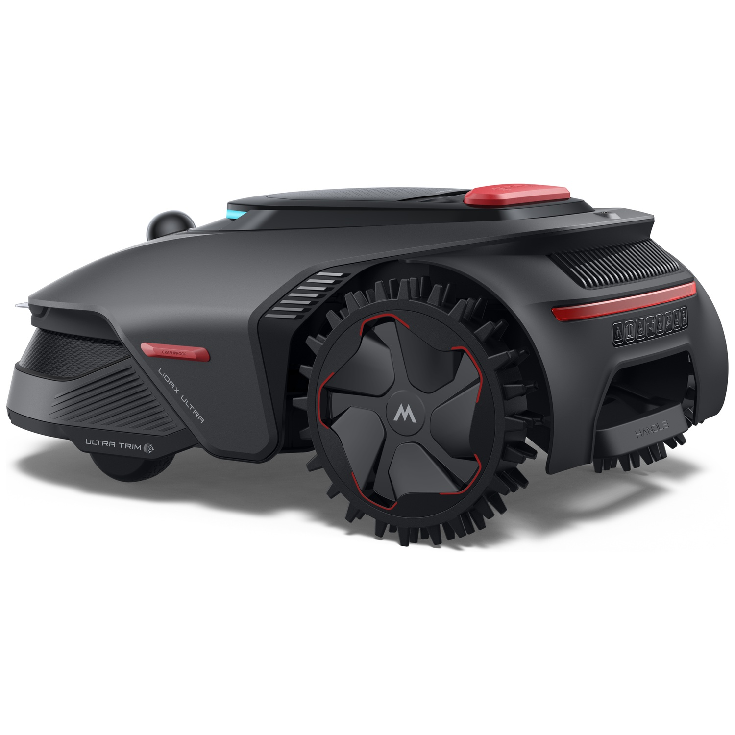 Black robot lawn mower with red accents and large wheels, on a white background.
