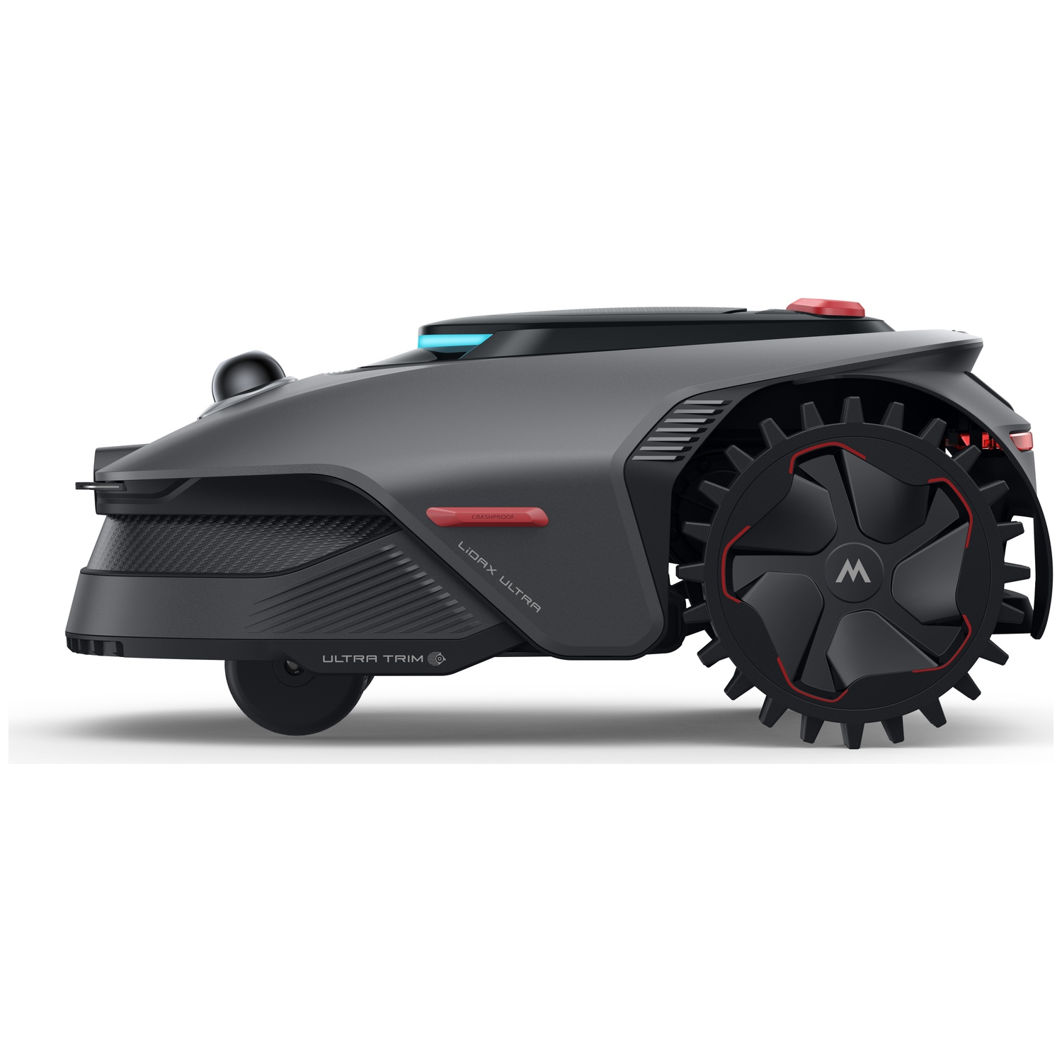 A dark gray robotic lawn mower with large wheels and red accents.