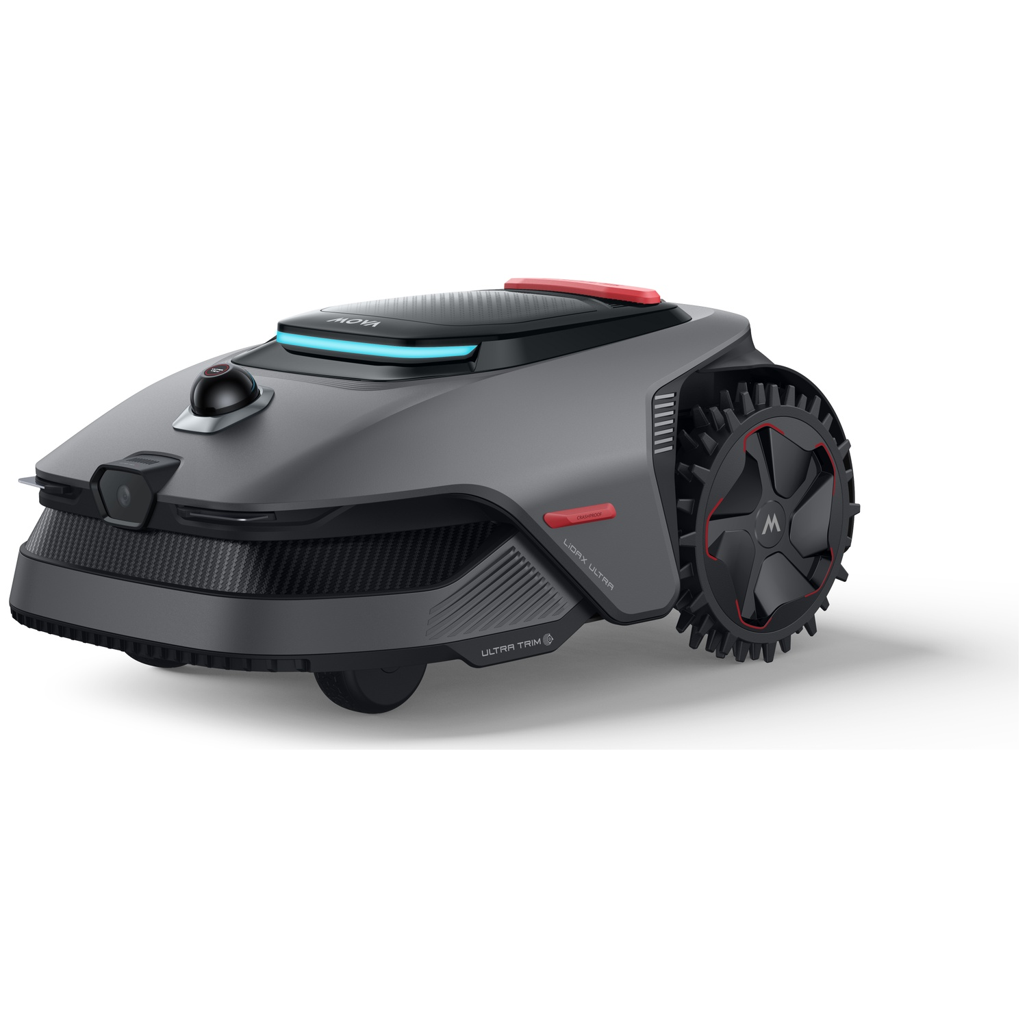 A gray robotic lawn mower with black wheels, red accents, and blue lights.