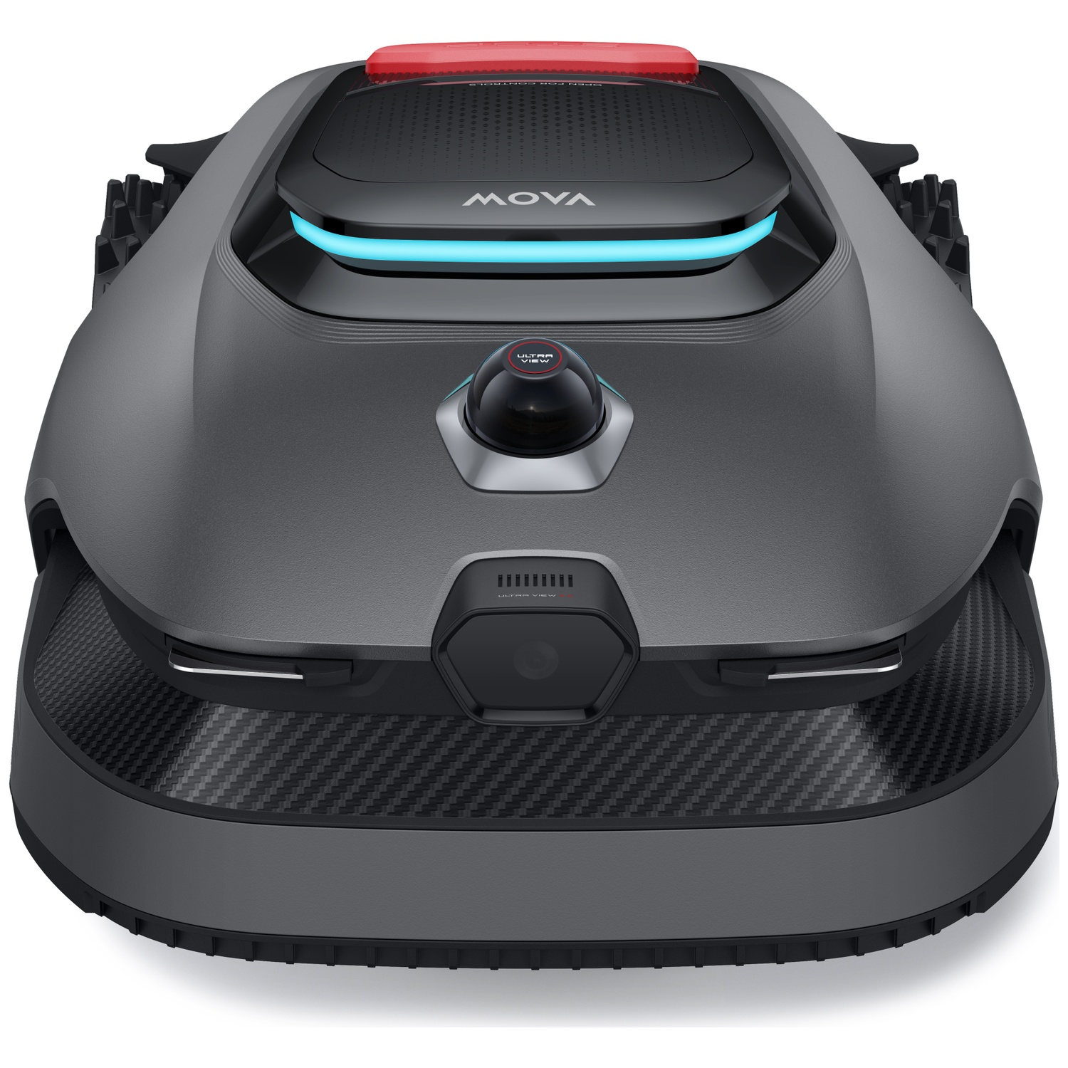 A gray robotic lawn mower with a red accent on top and blue lights.