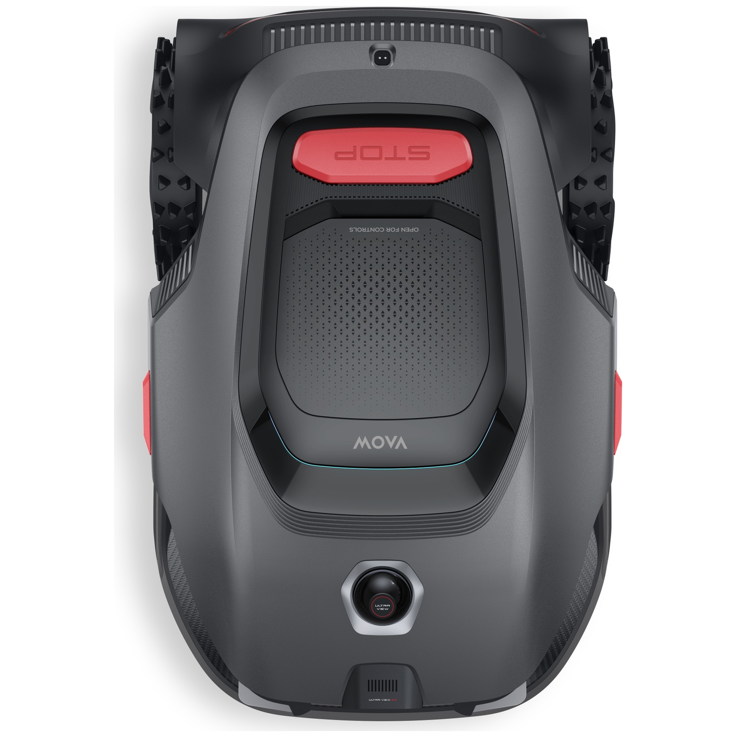 Top view of a dark gray robotic lawnmower with red stop button and black wheels.