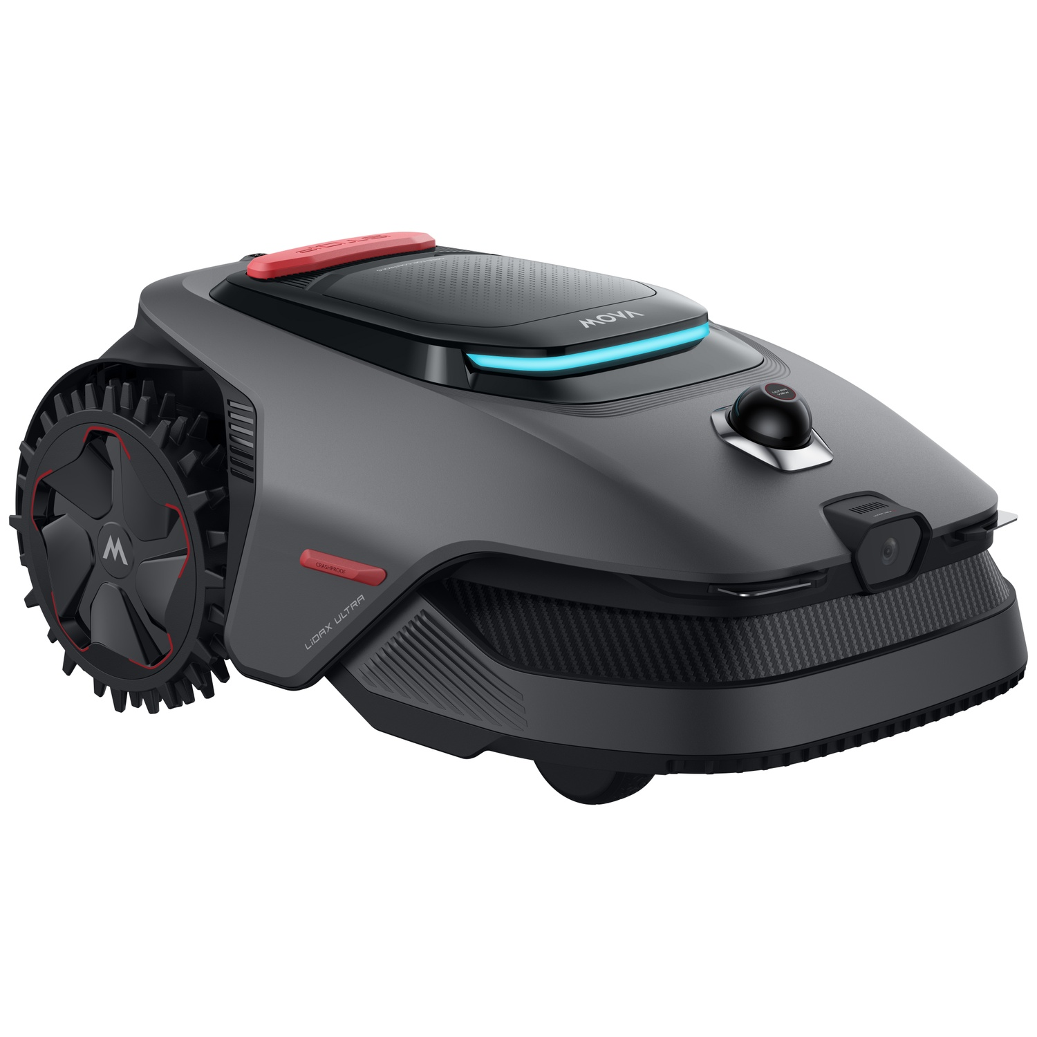 A grey robotic lawn mower with a black wheel and red accents.