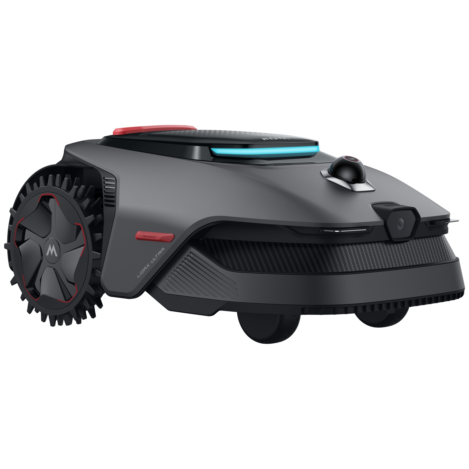 Gray robotic lawn mower with red button, cameras, and wheels on a white background.