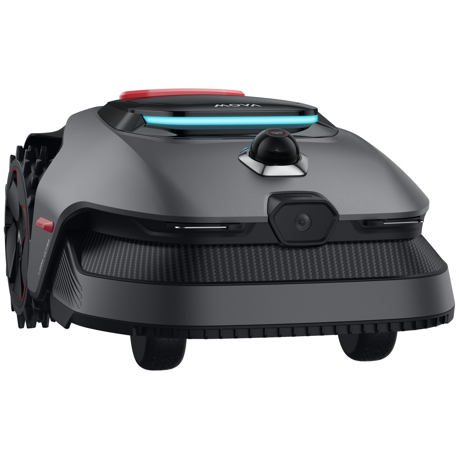 Gray robotic mower with red accent and blue LED bar, camera.
