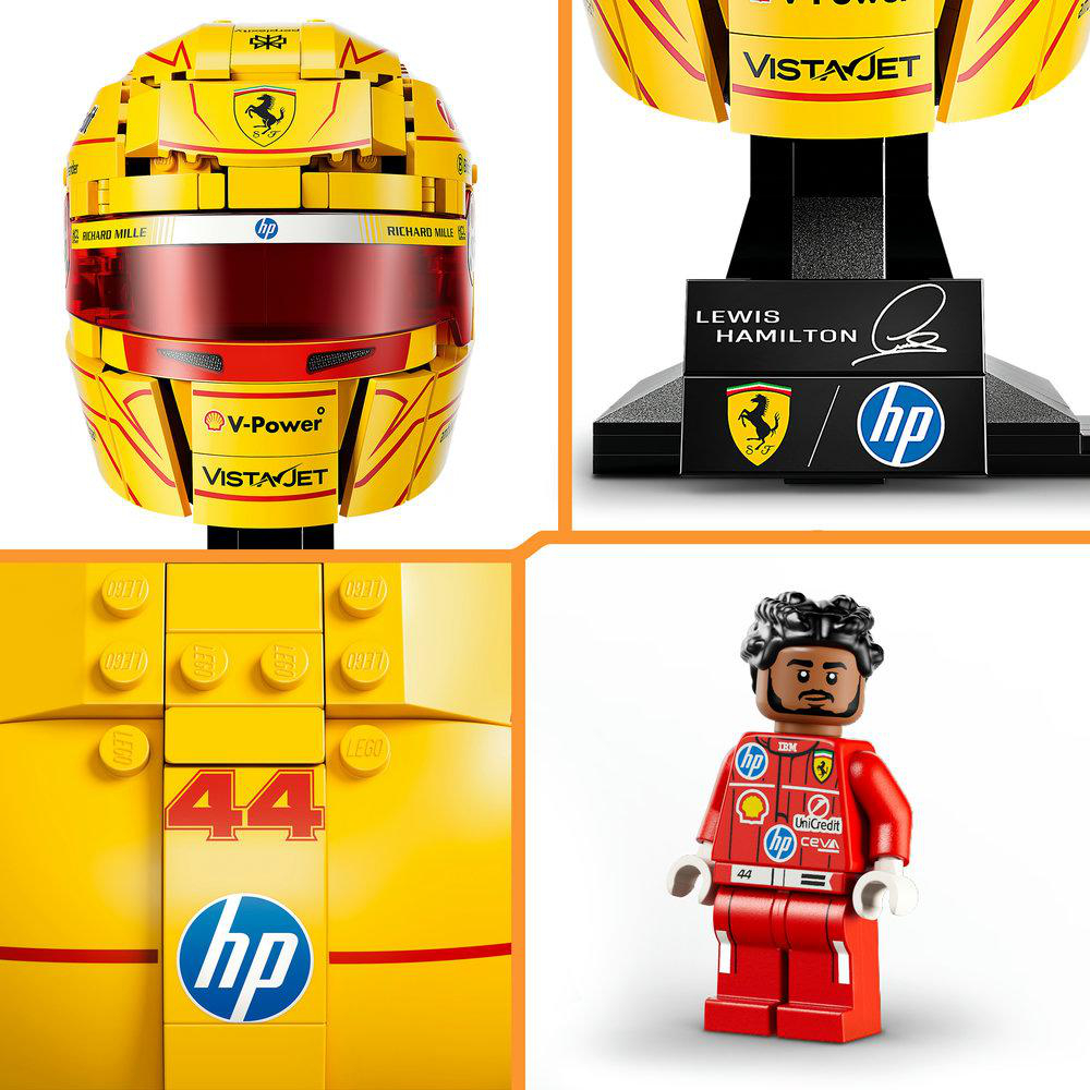 Formel-1-Autoteile: Helm, Trophäe, Legosteine und Minifigur.