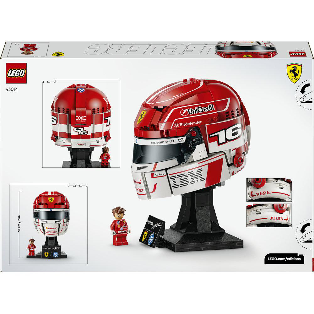 LEGO-Bausatz eines roten Formel-1-Helms mit einem Minifiguren-Fahrer.