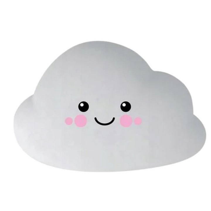 Szara chmura z uśmiechniętą twarzą i różowymi policzkami.