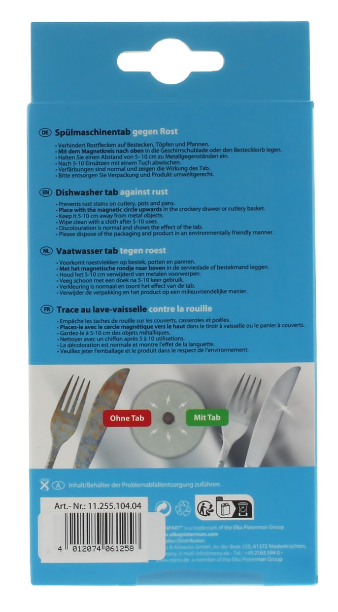 Opakowanie tabletek do zmywarki zapobiegających rdzy z tekstem i zdjęciami sztućców.