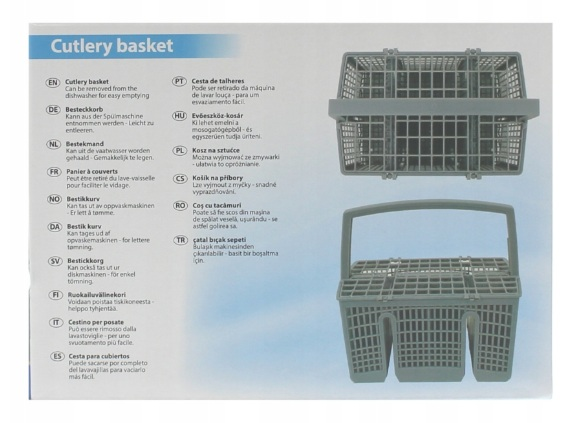 Dwa szare kosze na sztućce do zmywarki na niebieskim tle.