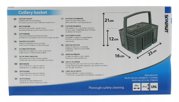 Szary kosz na sztućce do zmywarki z uchwytem, wymiary 23x16x21 cm.
