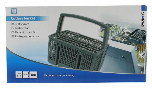 Szary koszyk na sztućce do zmywarki z uchwytem.