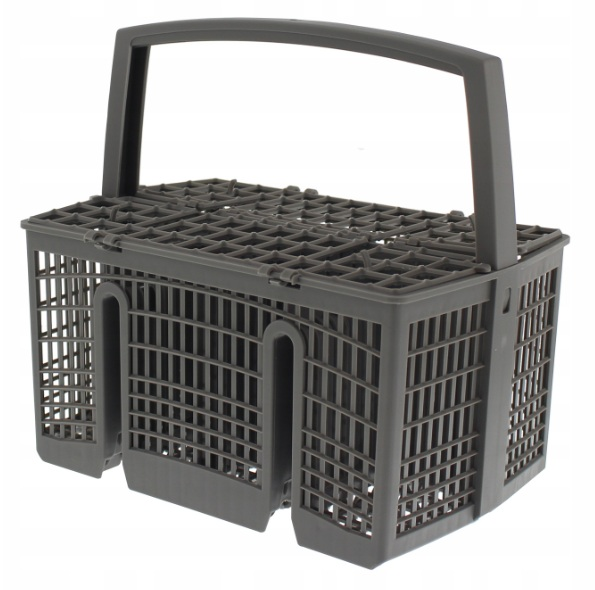 Szary plastikowy kosz do zmywarki z uchwytem i wieloma miejscami na sztućce.