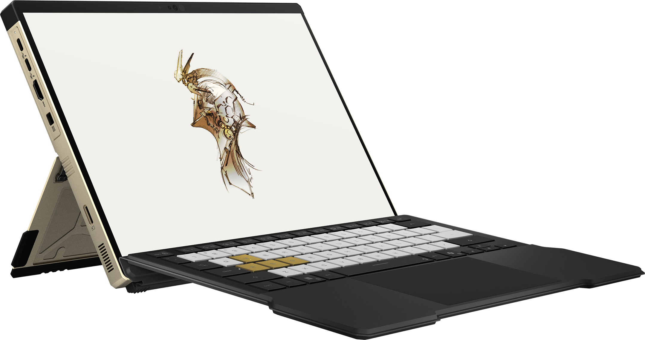 Ein goldfarbenes Tablet mit Tastaturständer, das ein Anime-Bild zeigt.