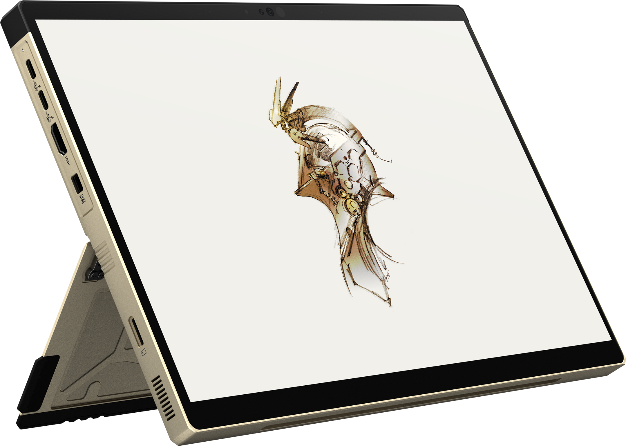 Ein goldenes Tablet mit einem Zeichenstift-Design auf dem Bildschirm.