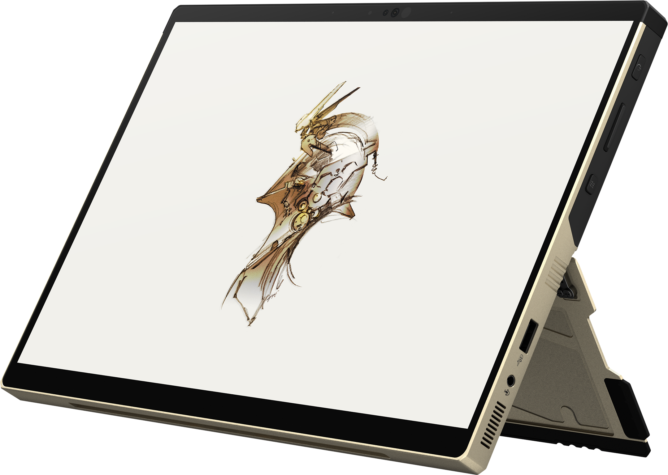 Ein Tablet mit einem abstrakten, mechanischen Kopf auf dem Bildschirm.