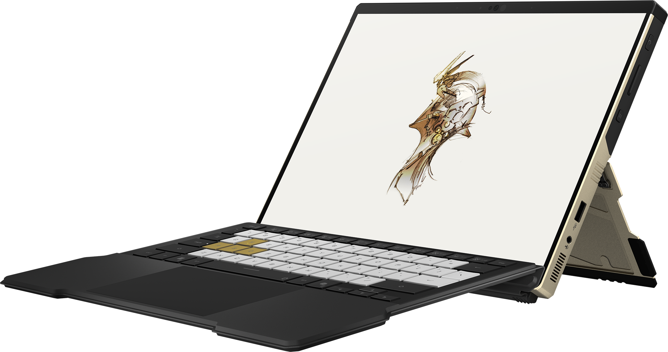 Ein offenes Laptop mit einem Fantasy-Krieger auf dem Bildschirm.