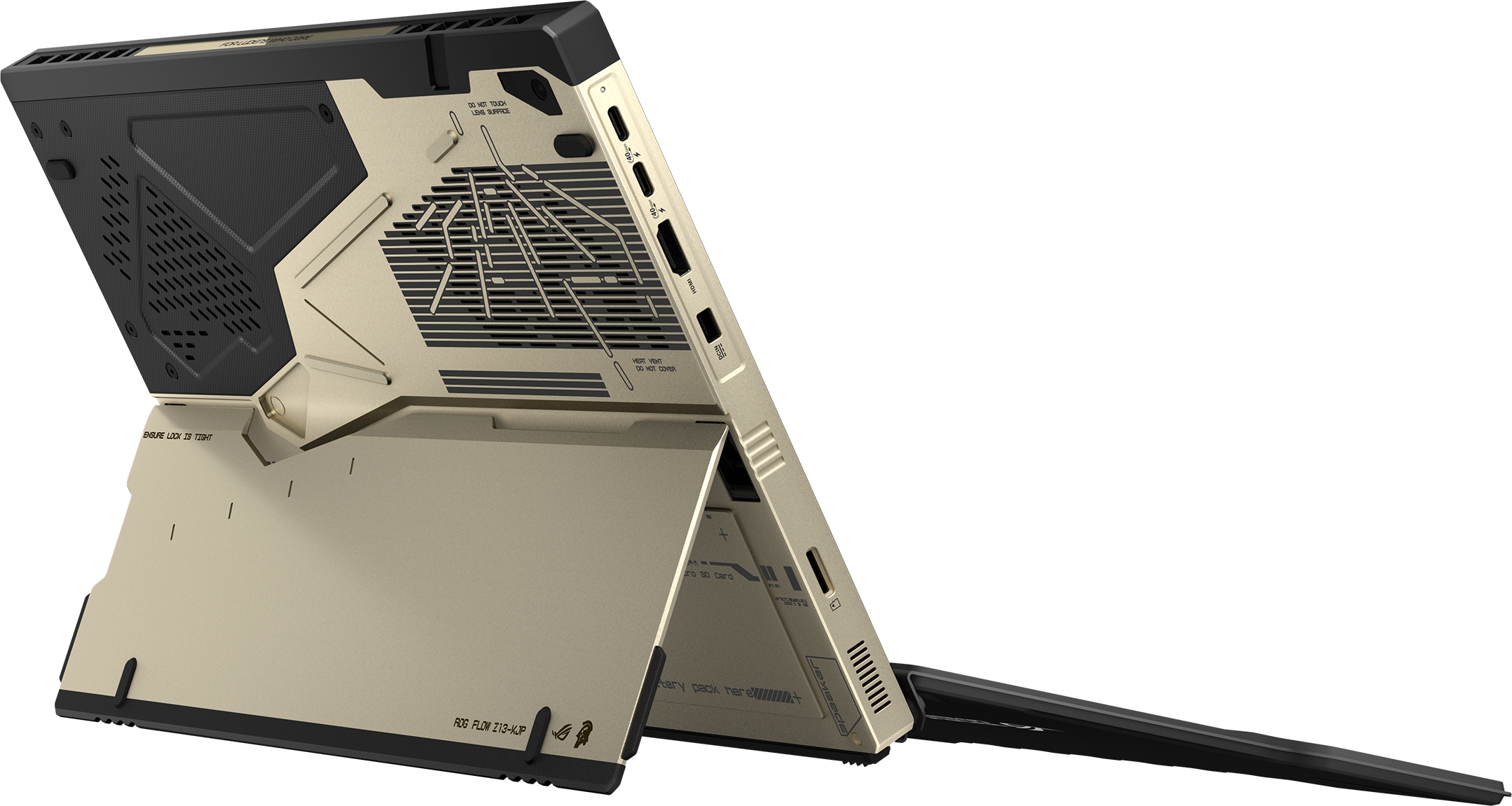Goldener Laptop mit schwarzen Akzenten, im Tablet-Modus geöffnet, zeigt Anschlüsse und Lüftungsschlitze.
