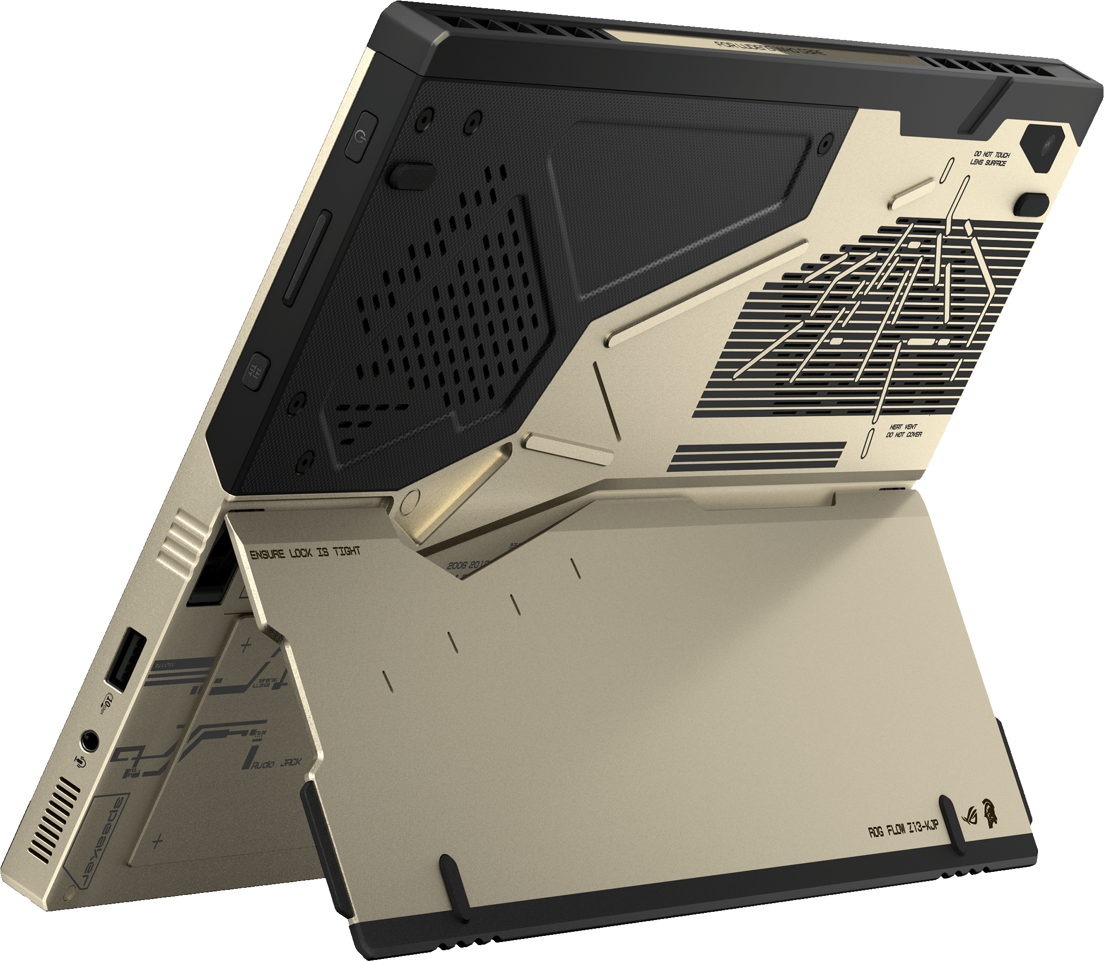 Ein goldener und schwarzer Laptop mit geöffnetem Ständer auf schwarzem Hintergrund.