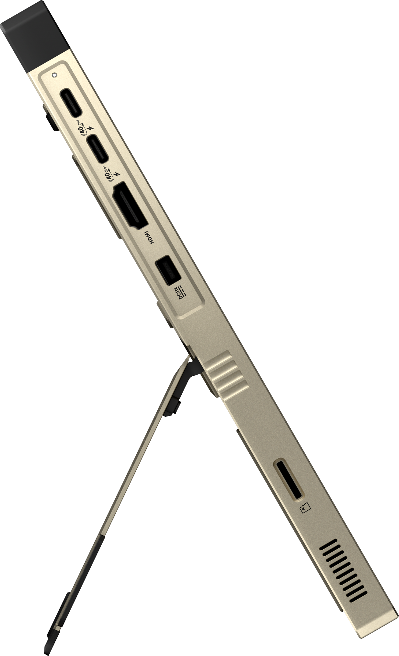Goldener Laptop mit ausklappbarem Ständer und Anschlüssen wie USB-C, HDMI, DC.