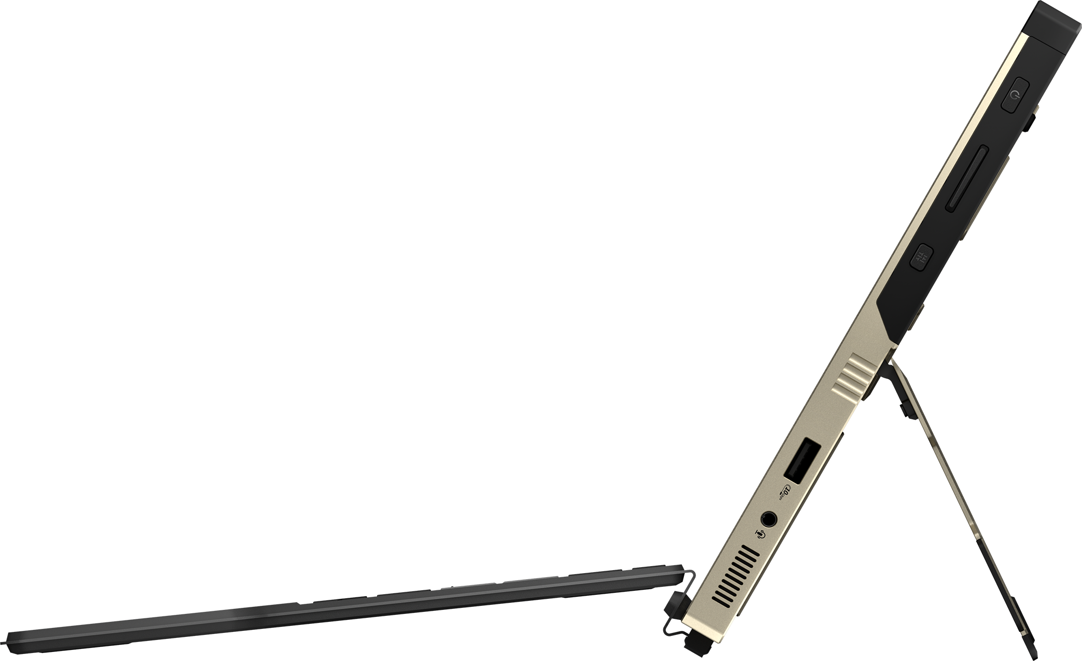 Ein goldenes Tablet mit Ständer, Seitenansicht, mit USB-Anschluss und Tasten.