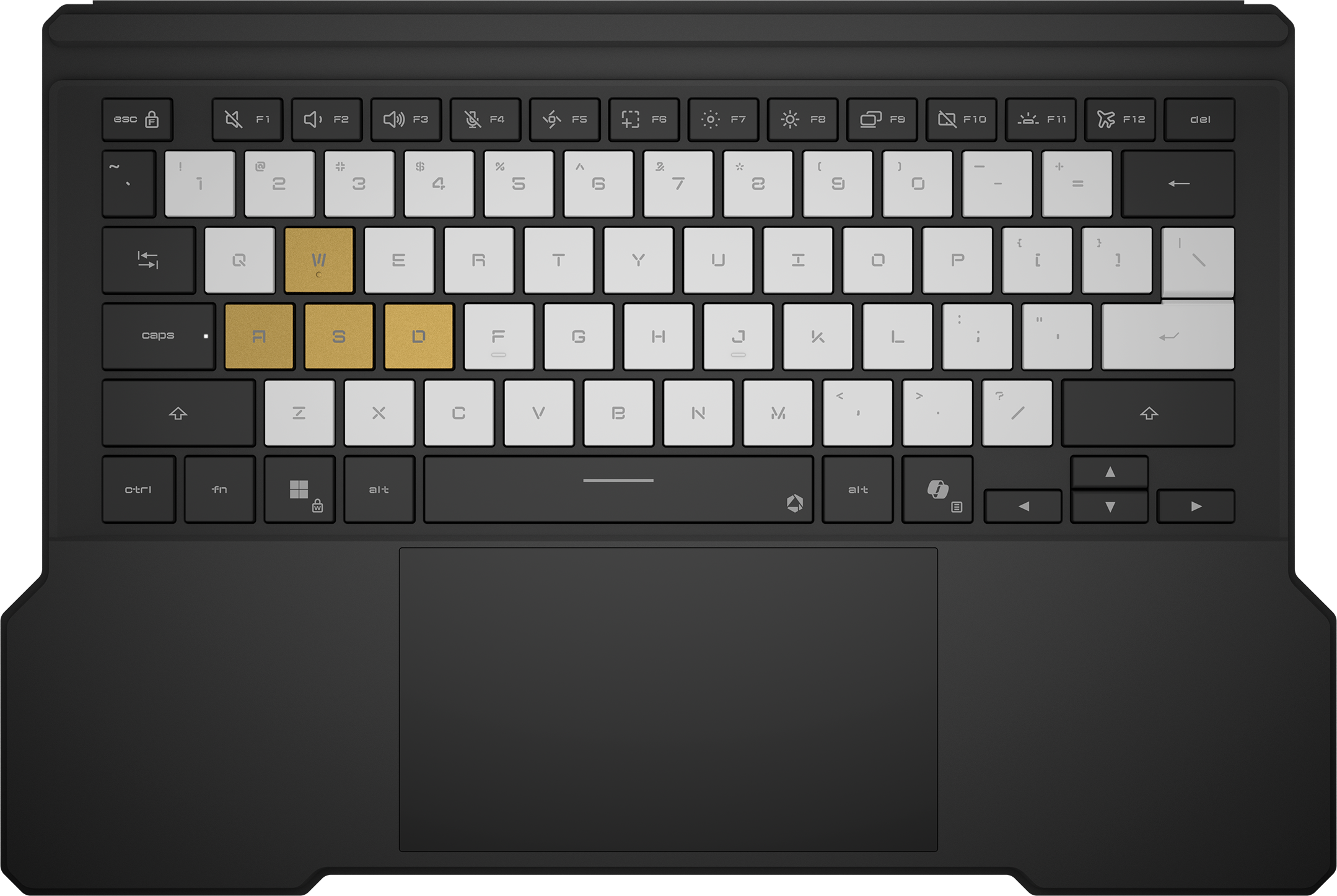 Eine Nahaufnahme einer schwarzen Tastatur mit beleuchteten Tasten, WASD hervorgehoben.