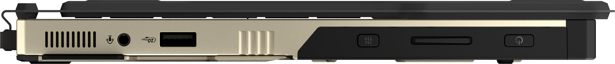 Detailansicht eines Laptops mit Anschlüssen, Tasten und Lüftungsschlitzen.