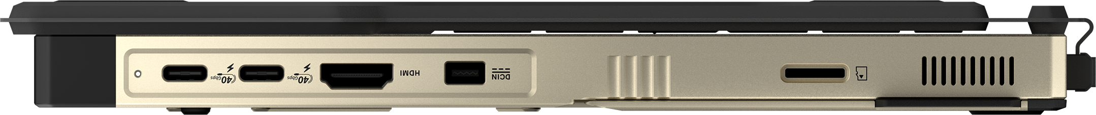 Anschlussleiste mit USB-C, HDMI und SD-Kartenleser.