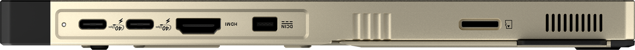 Anschlüsse: 2x USB-C (Thunderbolt 40Gbps), HDMI, DCIN, SD-Kartenleser, Lüftungsschlitze.