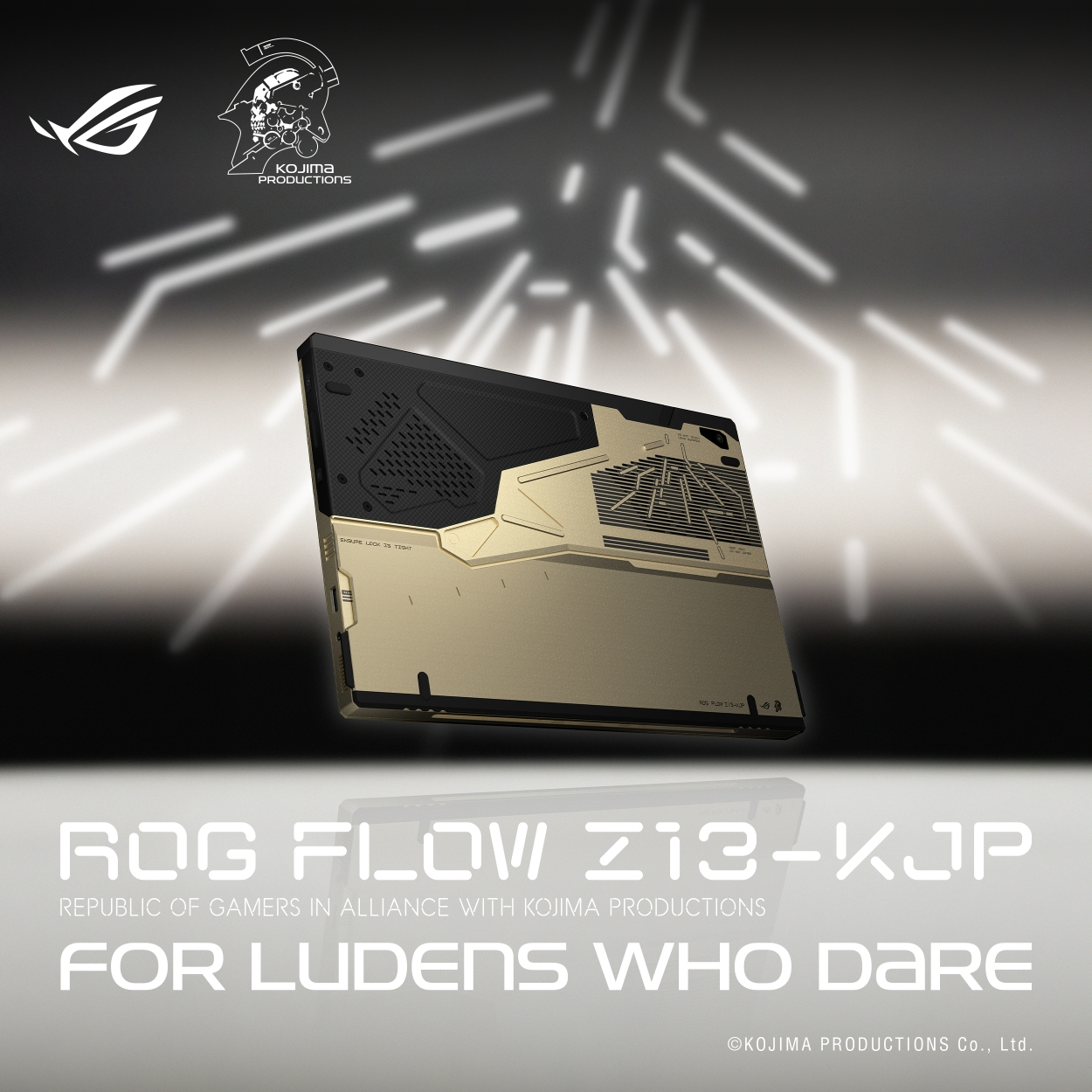 Goldener ROG Flow Z13 Laptop mit Kojima Productions Logo im Hintergrund.