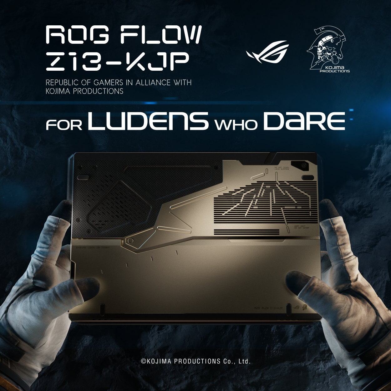 Hände in weißen Handschuhen halten einen Laptop mit ROG-Logo. Text: ROG FLOW Z13-KJP.