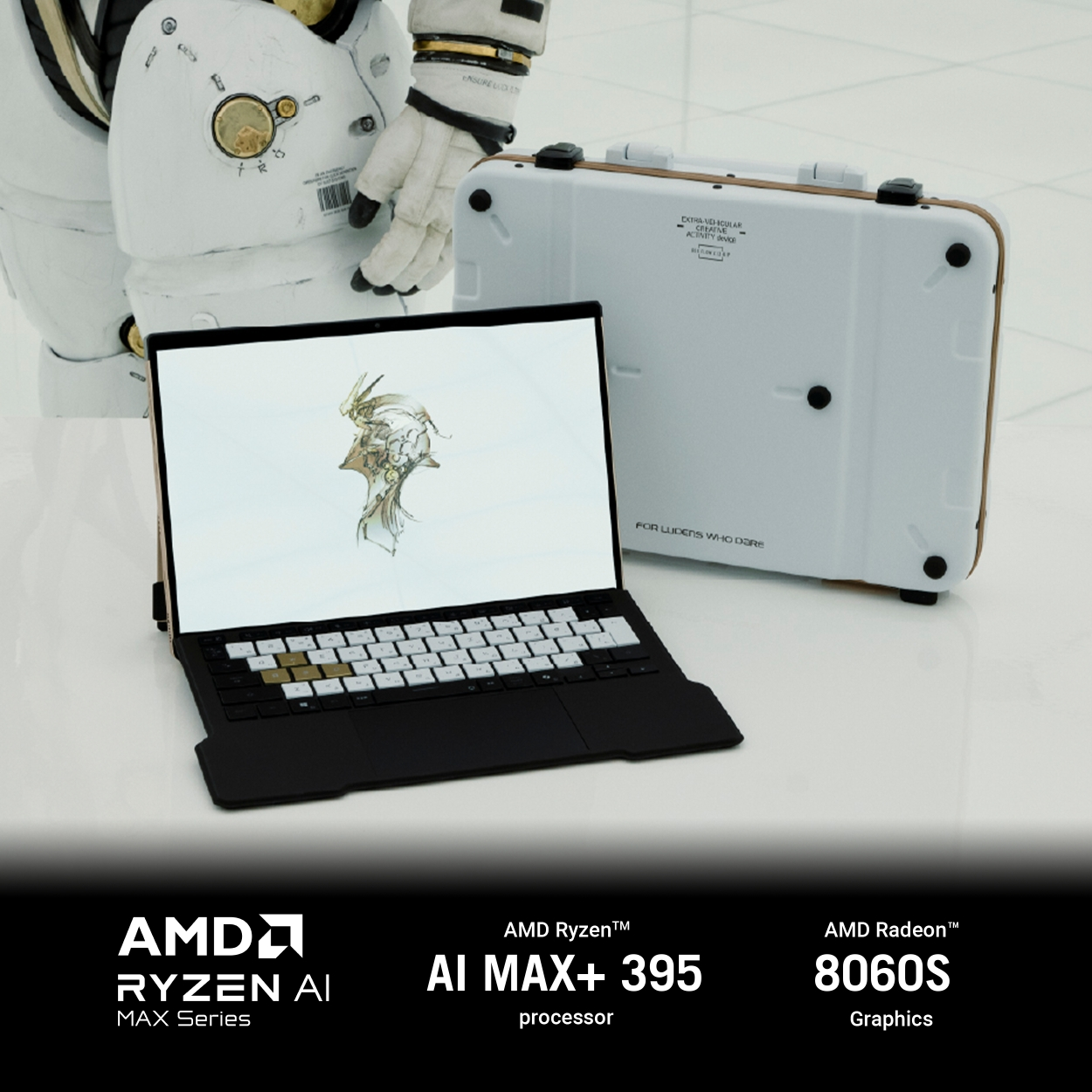Laptop mit Zeichnung auf dem Bildschirm, neben einem Astronautenanzug und weißem Koffer. AMD Ryzen AI Text.